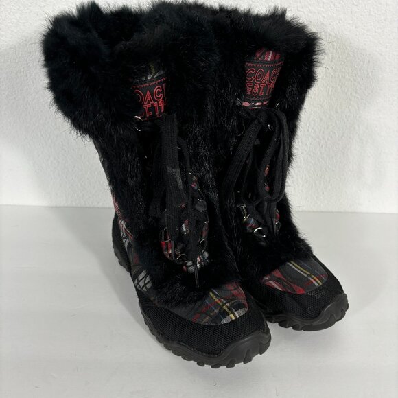Coach Jennie Rabbit Fur Trim Lace Up Boots Red Plaid Size 6B 6 - Picture 1 of 16
